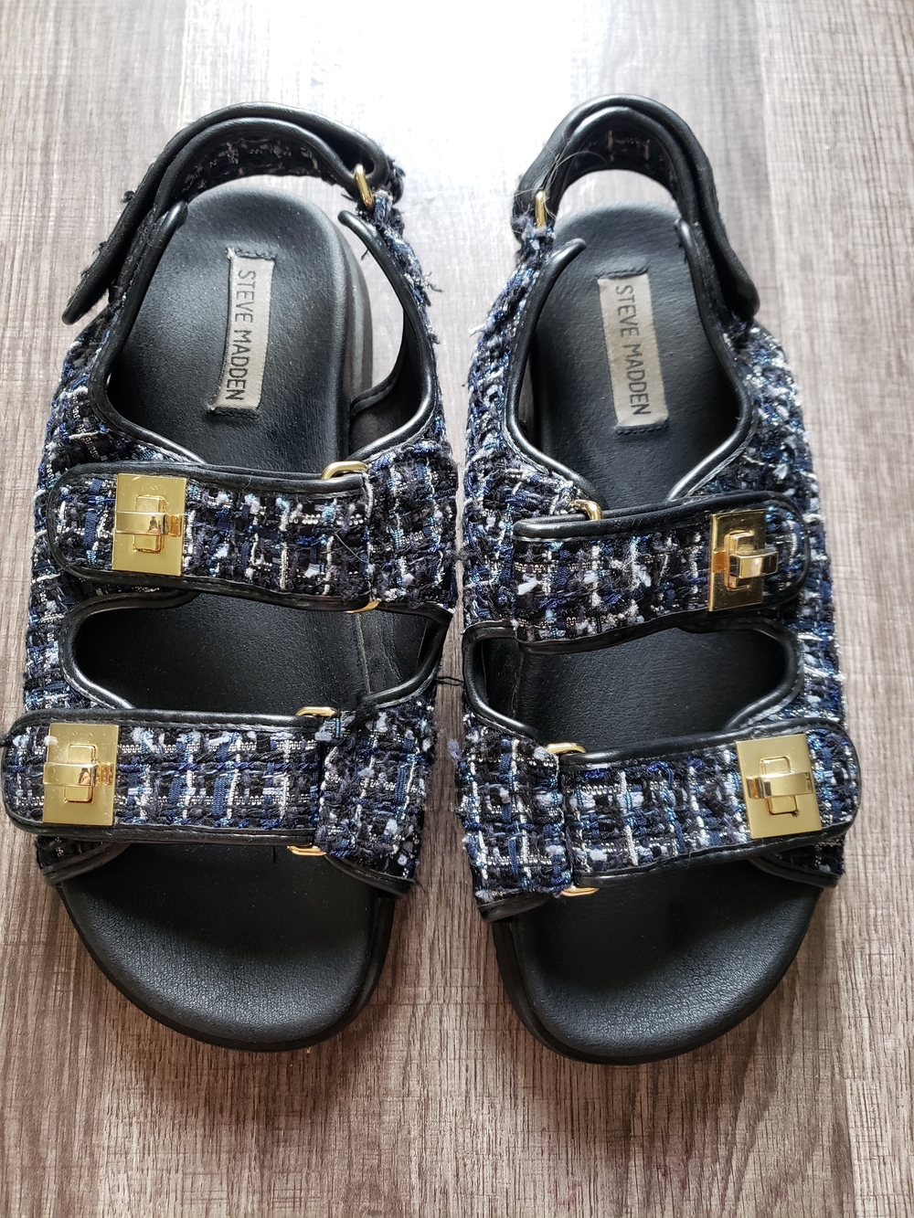 Steve Madden Navy Tweed Buckle Sandals with Gold Hardware